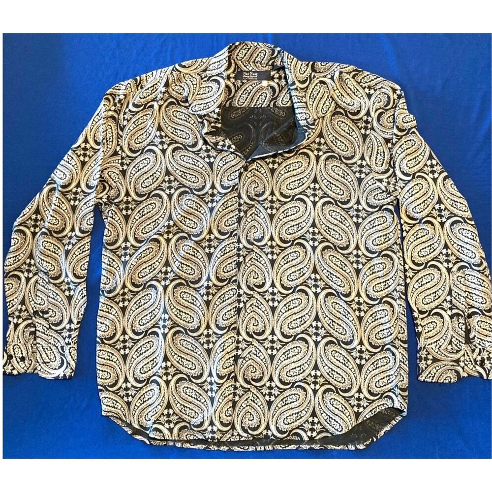 Men's Luxury 100% Silk Long Sleeve Button Front Shirt Nat Nast- Navy Paisley LG